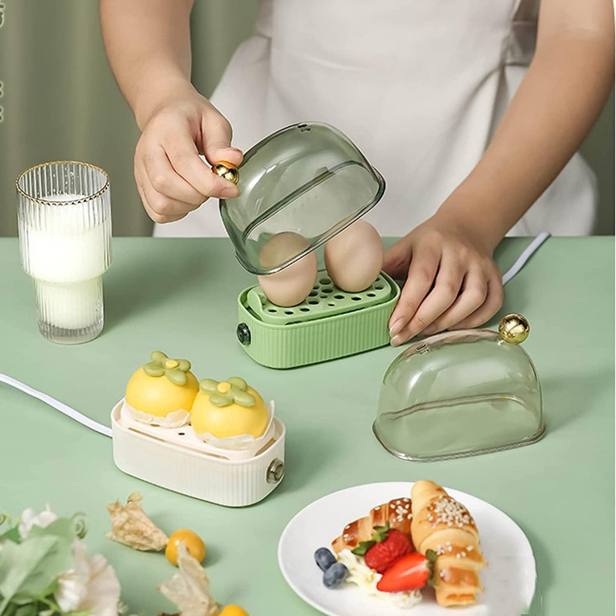 Cuiseur à œufs électrique - Cuiseur vapeur automatique pour 2 œufs avec arrêt automatique pour œufs à la coque, mollets et durs, œufs pochés et légumes