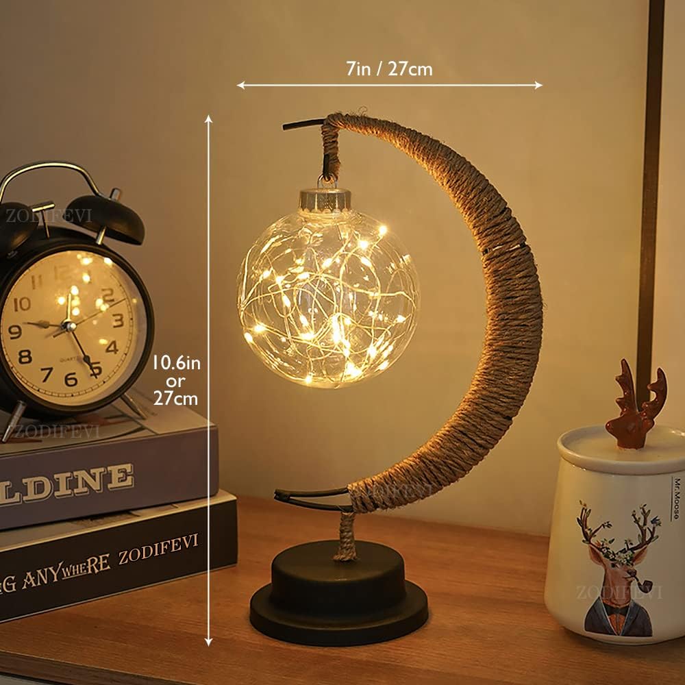 Lampe de table lune en verre avec lueur LED chaleureuse – Lampe d'appoint croissant à piles pour chambre, salon et table de chevet