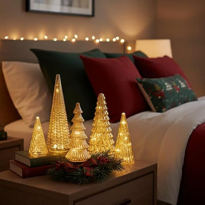 LED Crystal Christmas Tree Set of 5 with Timer – Battery Operated Tabletop Holiday Décor for Living Room, Mantel & Windowsill