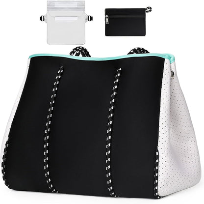 Neoprene Beach Bag with Inner Zipper Pocket, Large Beach Tote Bag with Purse, Machine Washable Travel Tote Bag