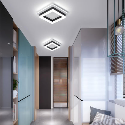 Square Flush Mount LED Ceiling Light 1920 Lumens for Bedroom Hallway Living Room Modern Geometric Low Profile Black White Layered Design Con