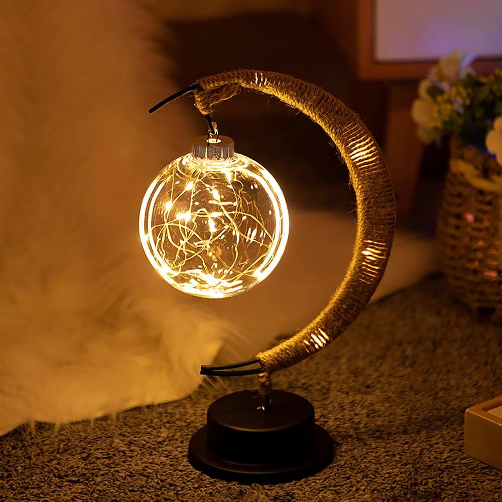 Lampe de table lune en verre avec lueur LED chaleureuse – Lampe d'appoint croissant à piles pour chambre, salon et table de chevet