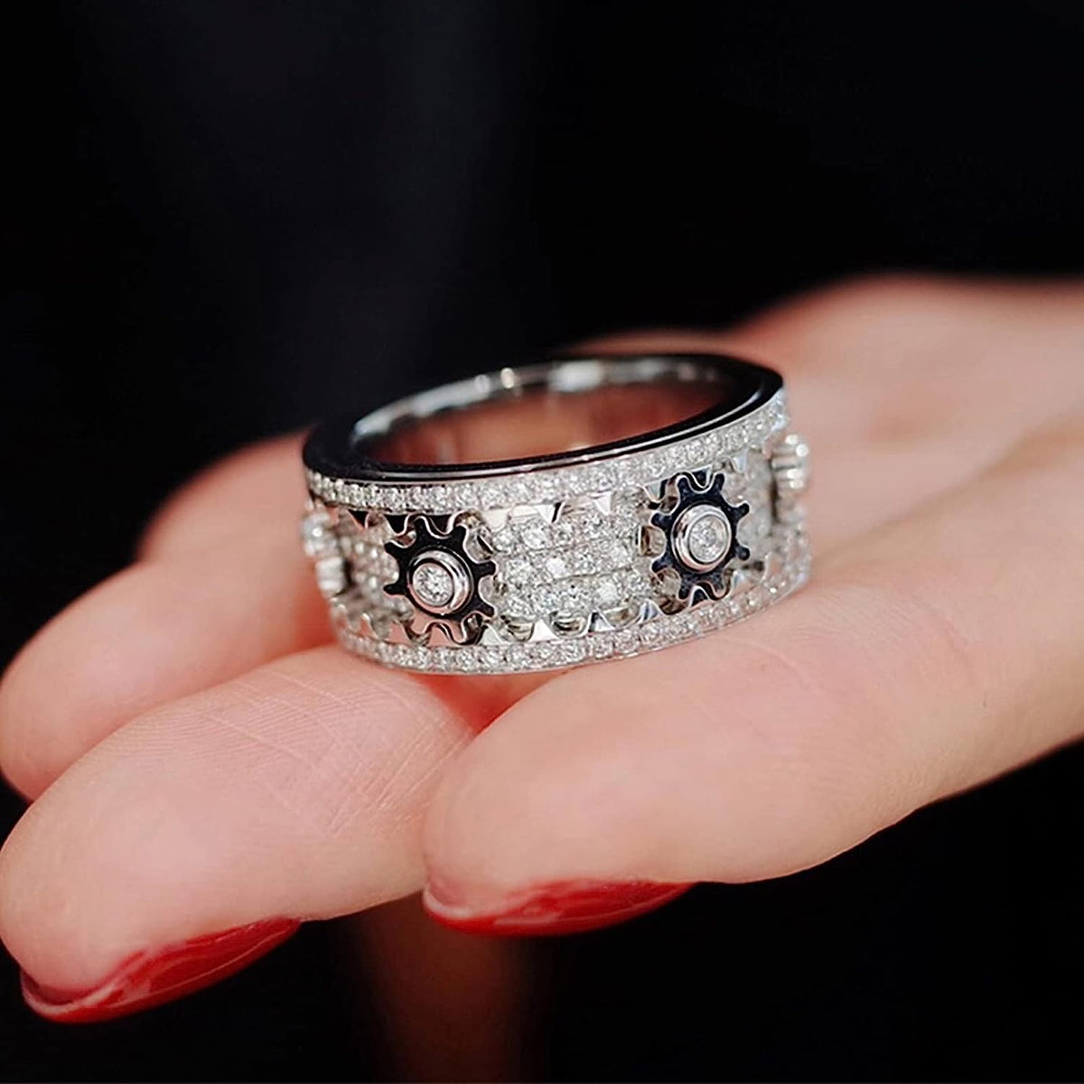 Rotating Gear Ring with 6 Moving Cogs – Stainless Steel Fidget Spinner Ring with Cubic Zirconia Stones for Focus & Stress Relief