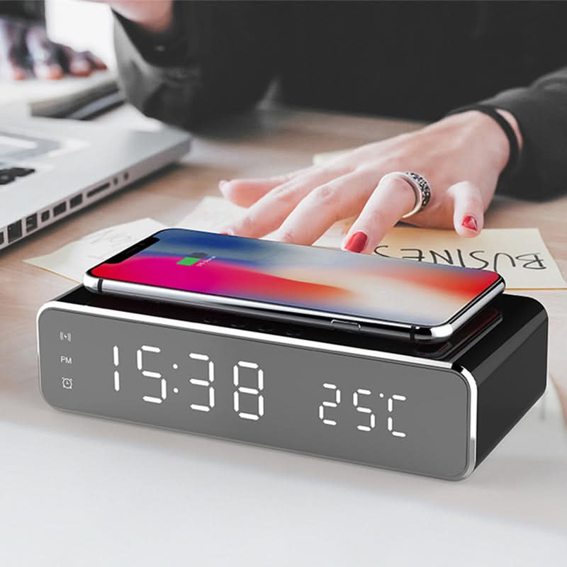 Nightstand Alarm Clock with Qi Wireless Charging Pad – Jumbo LED Display for Bedroom – Sleek Design for Desk or Bedside