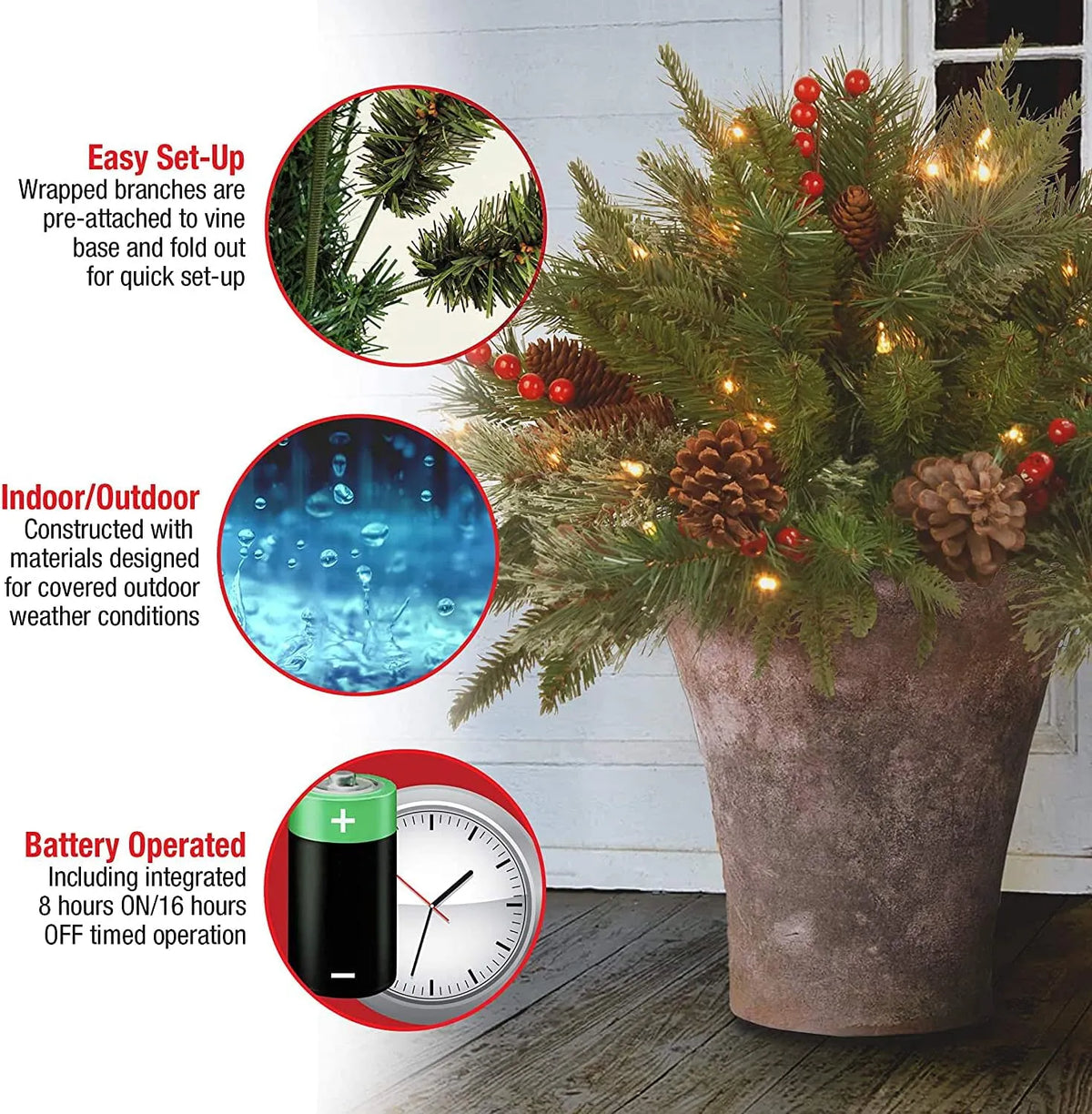 Battery-Powered LED Christmas Urn Filler with Timer – Frosted Pine Tips, Berries & Pinecones for Entryway Display