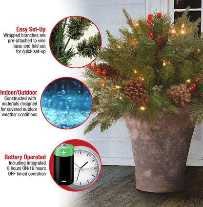 Battery-Powered LED Christmas Urn Filler with Timer – Frosted Pine Tips, Berries & Pinecones for Entryway Display