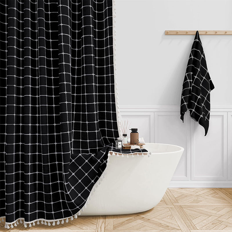 Waterproof Bath Curtain with Tassel Trim 71 x 79 Inches Gray Woven Linen Privacy Screen for Bohemian Bathrooms Country Style Decor Machine W