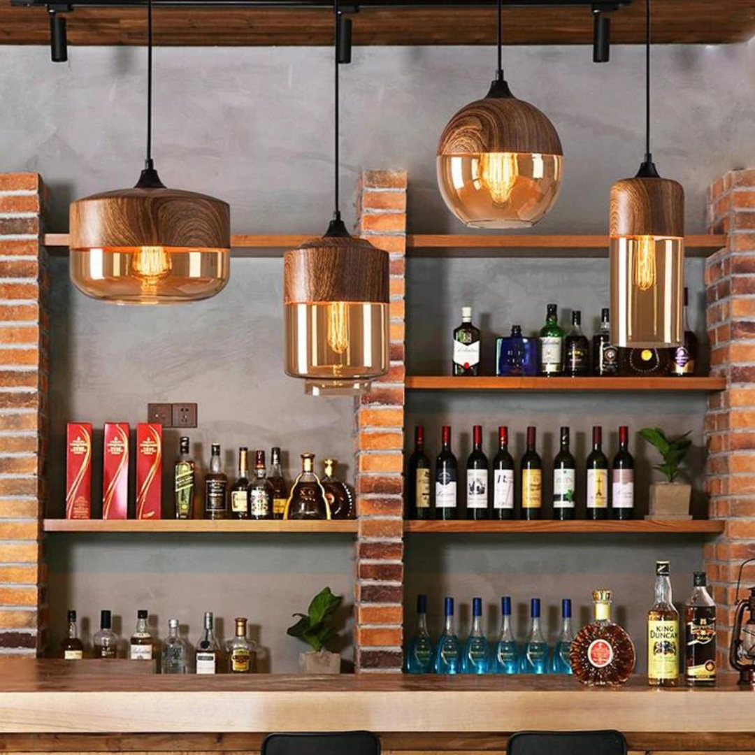 Glass Pendant Light with Wood-Look Metal – Scandinavian Hanging Fixture for Dining Room, Bedroom & Living Room