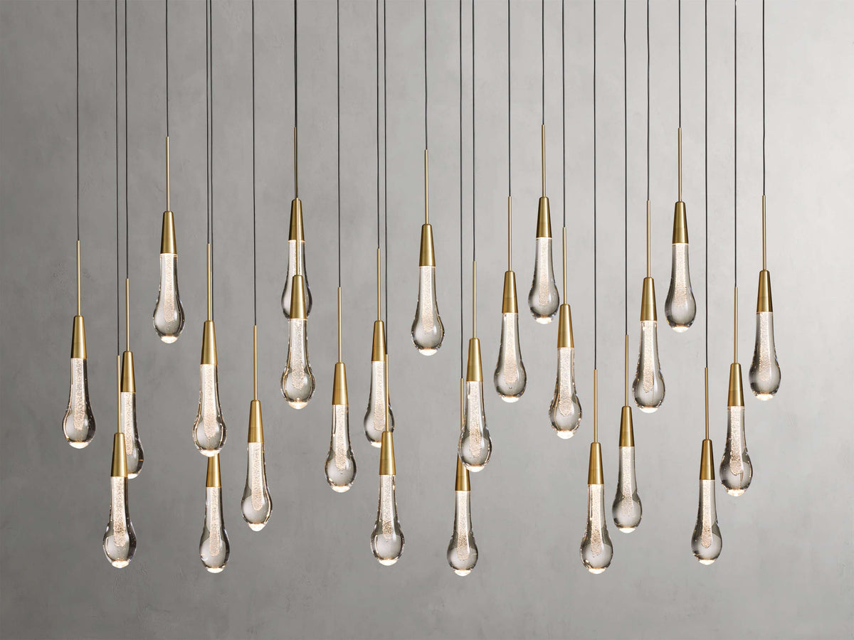 Cascading Raindrop Linear LED Chandelier – Textured Glass Orbs, Adjustable Height, Vaulted Ceiling Ready – 37 to 120 Inch Options for