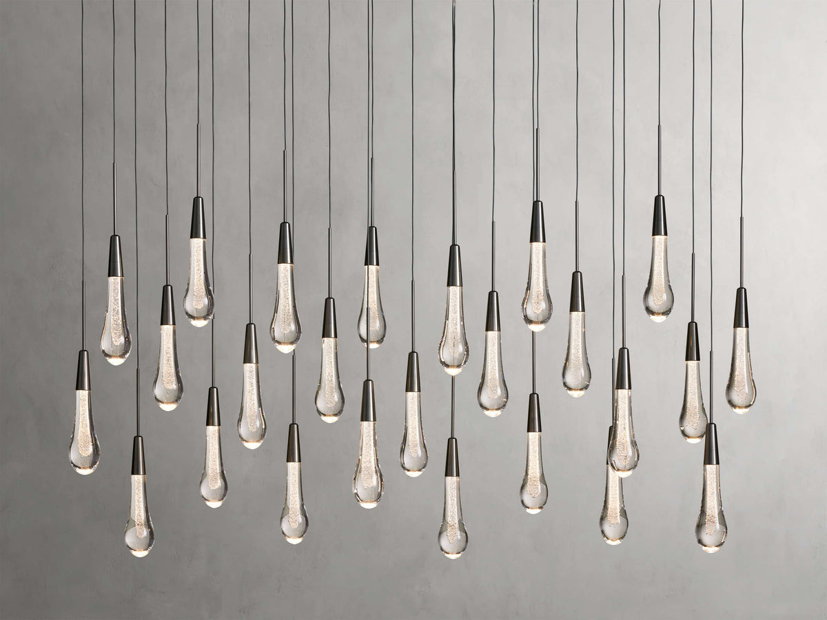 Cascading Raindrop Linear LED Chandelier – Textured Glass Orbs, Adjustable Height, Vaulted Ceiling Ready – 37 to 120 Inch Options for