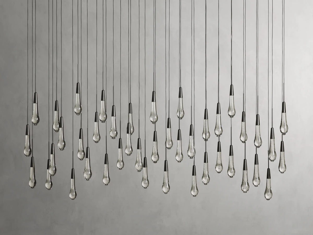 Cascading Raindrop Linear LED Chandelier – Textured Glass Orbs, Adjustable Height, Vaulted Ceiling Ready – 37 to 120 Inch Options for