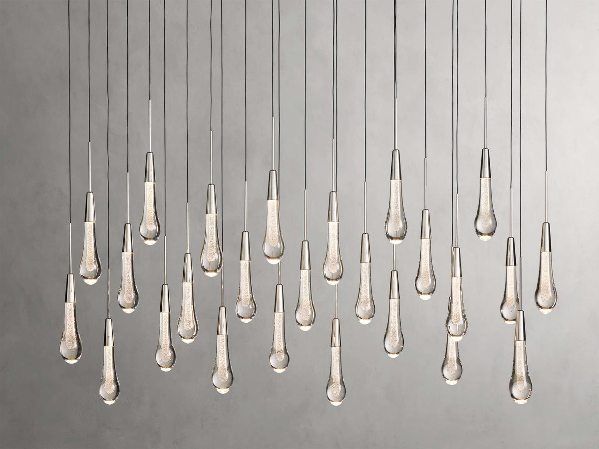 Cascading Raindrop Linear LED Chandelier – Textured Glass Orbs, Adjustable Height, Vaulted Ceiling Ready – 37 to 120 Inch Options for