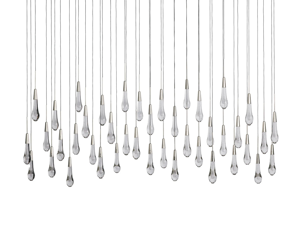 Cascading Raindrop Linear LED Chandelier – Textured Glass Orbs, Adjustable Height, Vaulted Ceiling Ready – 37 to 120 Inch Options for