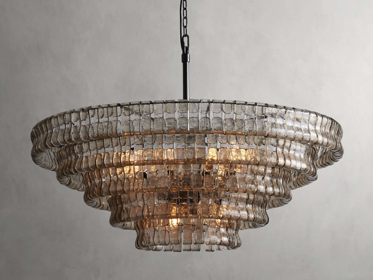 Textured Glass Round Chandelier with Curved Panels in Metallic Finish for Dining Room & Living Room | 24 to 60 Inch