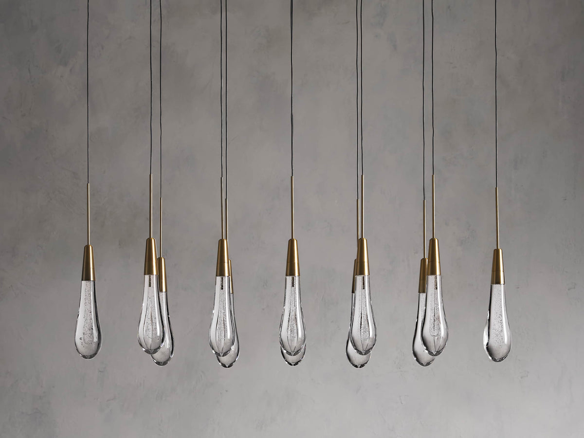 Cascading Raindrop Linear LED Chandelier – Textured Glass Orbs, Adjustable Height, Vaulted Ceiling Ready – 37 to 120 Inch Options for