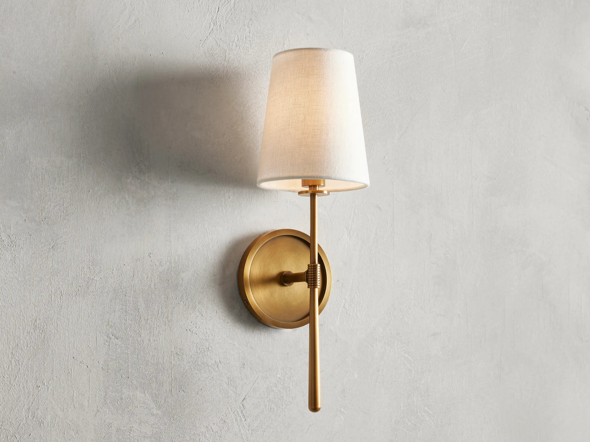 Textured Linen Shade Wall Sconce – Hardwired Single Light Fixture for Living Room, Bathroom & Office – Tapered Torch Design