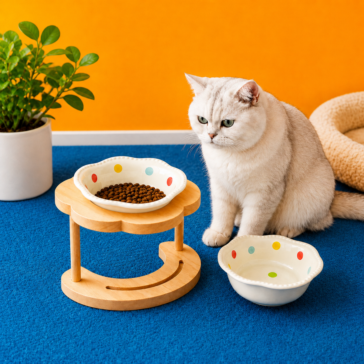 Ortekor Elevated Ceramic Pet Bowl with Wooden Stand for Cats & Small Dogs