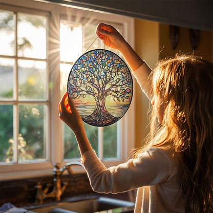 Stained Glass Tree of Life Sun Catcher Window Ornament for Home & Garden – Handcrafted Rainbow Light Prism Hanging Decor