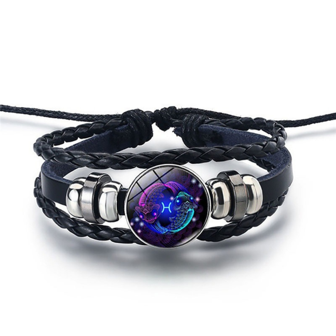 Adjustable Leather Zodiac Bracelet with Blue Stone Charm for Men & Women | Classic Wrist Cuff with Astrology Symbol | Handcrafted Steel &