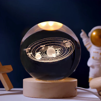 3D Engraved Crystal Planet Sphere Night Light on Wood Base USB Powered Desk Lamp Warm White LED Glow for Bedroom Living Room Nursery Space