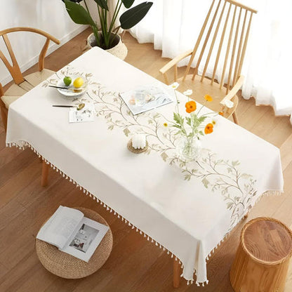 Pinegrove Tablecloth - Cotton-Linen Blend, Embroidered Floral Design