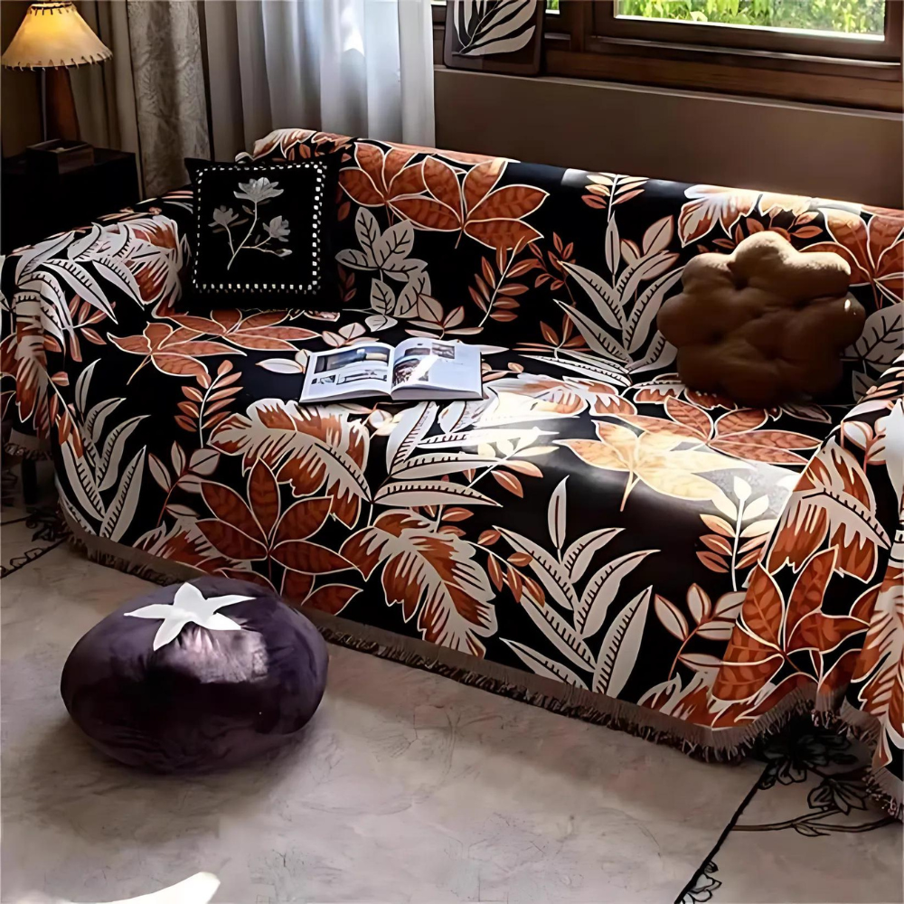 Vibrant Chenille Sofa Cover - Soft Fabric, Jungle Style with Tassels