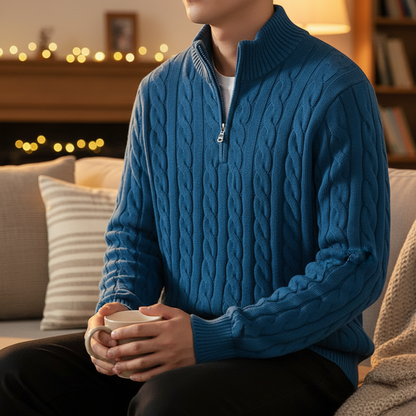 Cable-Knit Quarter-Zip Sweater for Men – 100% Cotton Stand-Collar Pullover for Fall & Winter