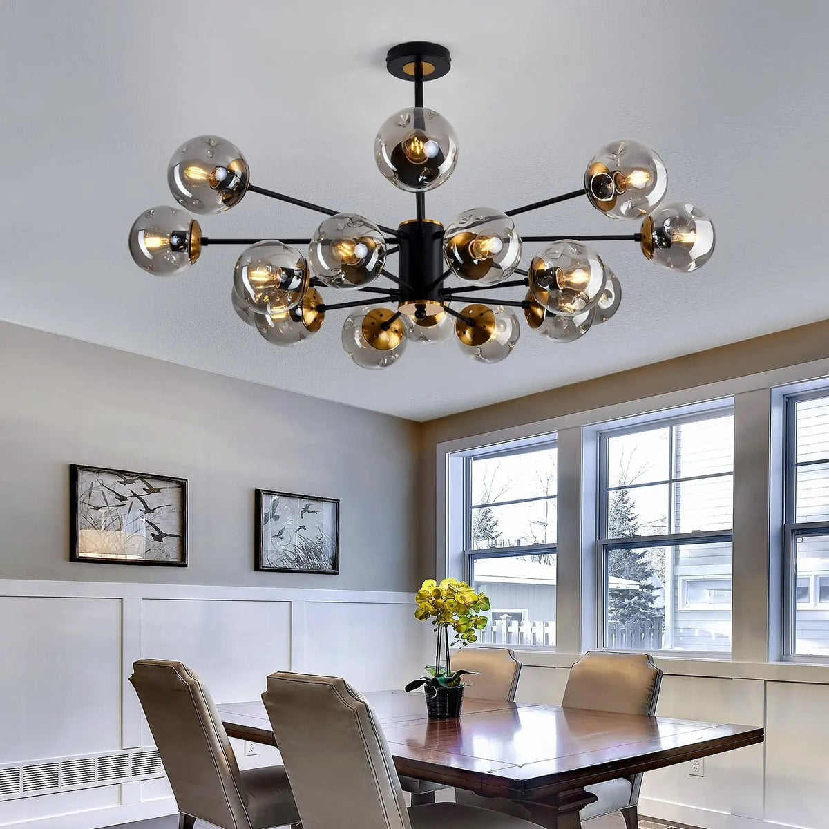 Multi-Globe Iron & Glass Ceiling Fixture – Sculptural Overhead Lighting for Dining Tables & Open Layouts – E26 Bulb Compatible – Modern Mini