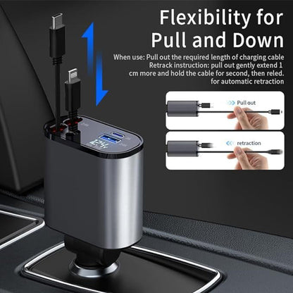 Retractable Car Charger with Dual Ports – Fast Charging Cable for iPhone & Android – 31 in Auto-Rewind USB Adapter