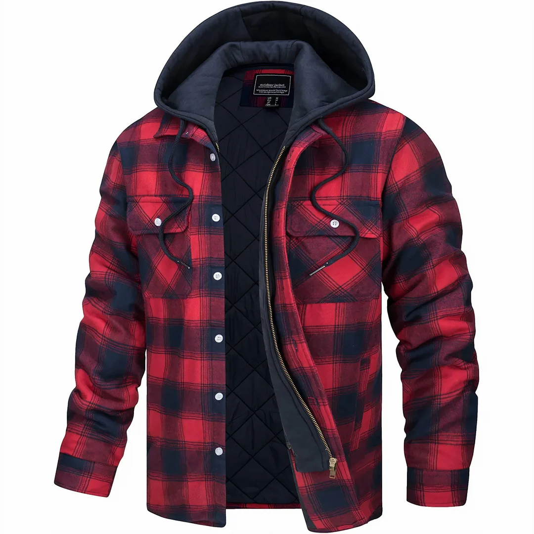 Quilted Plaid Flannel Shirt Jacket with Removable Hood for Men – Warm Cotton Blend Overshirt for Fall Winter