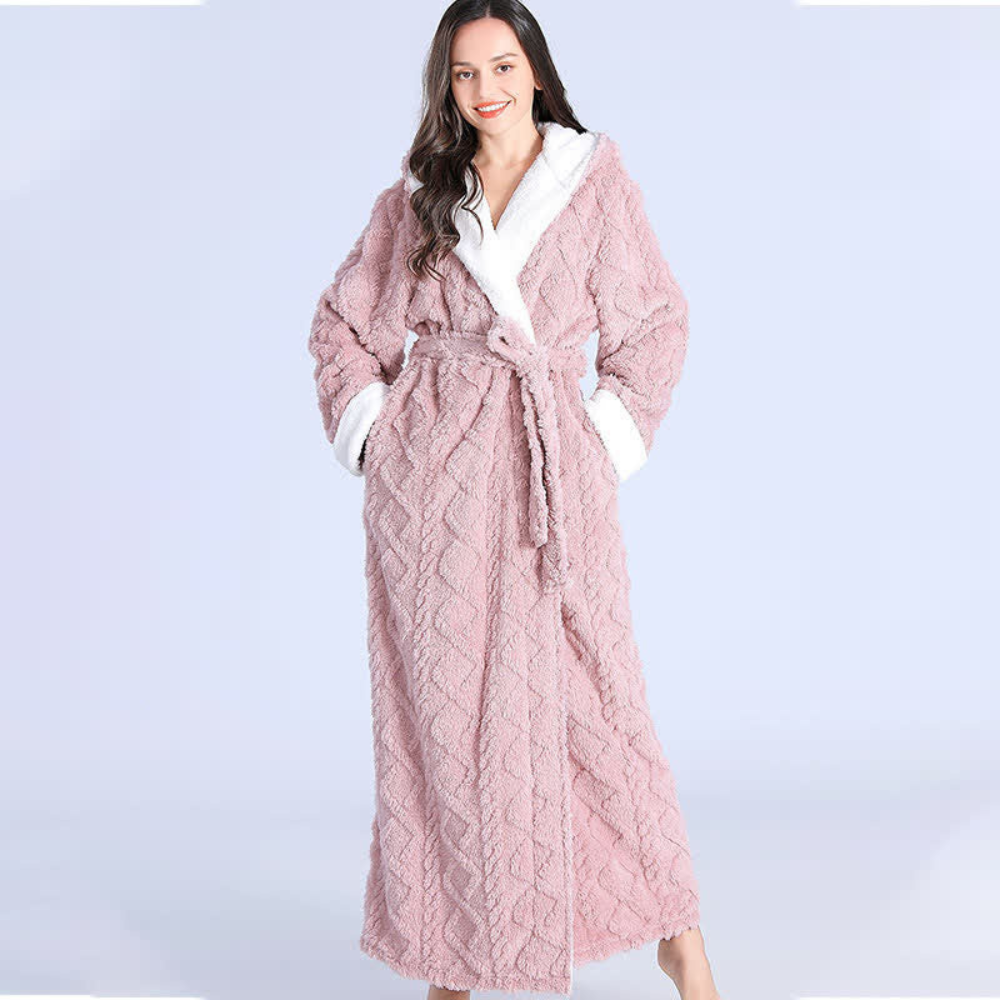 Women's Hooded Fleece Bath Robe with Pockets Long Soft Loungewear for Home & Spa Gray Pink Purple Green Winter Wrap