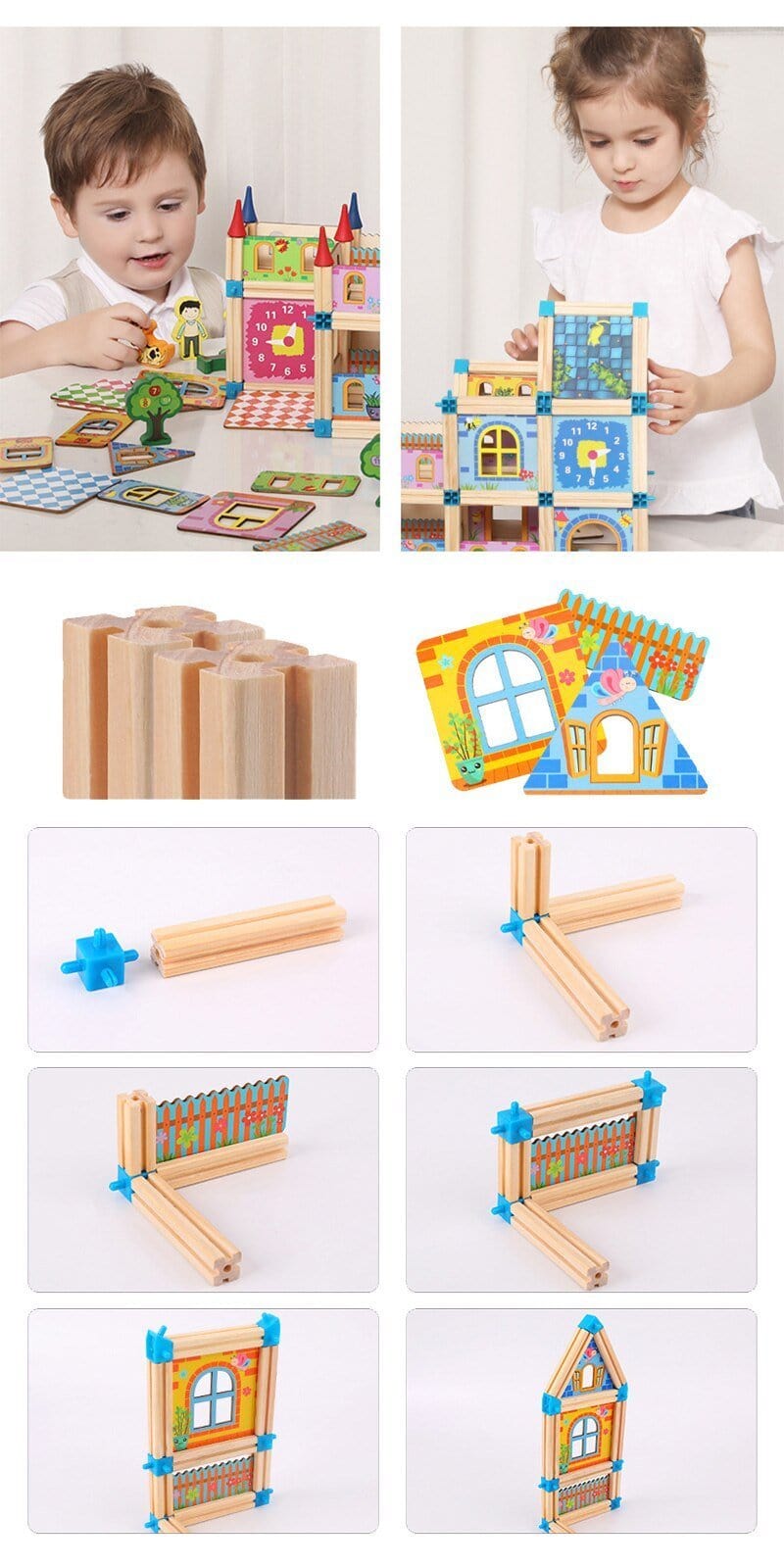 Wooden Modular Dollhouse Construction Set – Creative Building Activity for Kids Age 2+ with Architectural Pieces, Doors & Windows