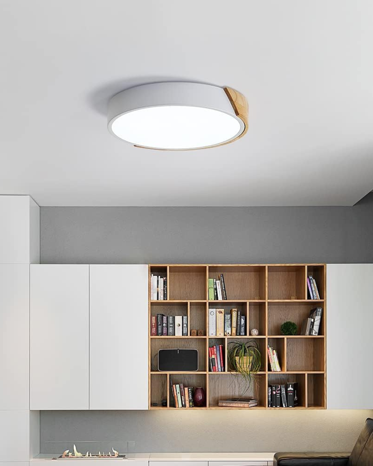 Round Flush Mount Ceiling Light with Wood Accent and Integrated LED – Modern Low Profile Fixture in 9, 12, 16, 20, and 24 inch Sizes for Liv