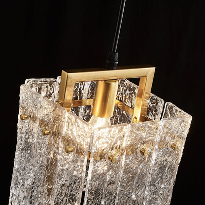 Square Cage Pendant Light Fixture with Textured Glass Shade & Gold Frame for Dining Room, Kitchen Island, Bedroom