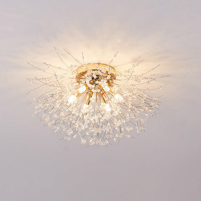Plafonnier encastré au design pissenlit en cristal – Luminaire de 16 po doré et argenté pour chambre, couloir, salle de bain