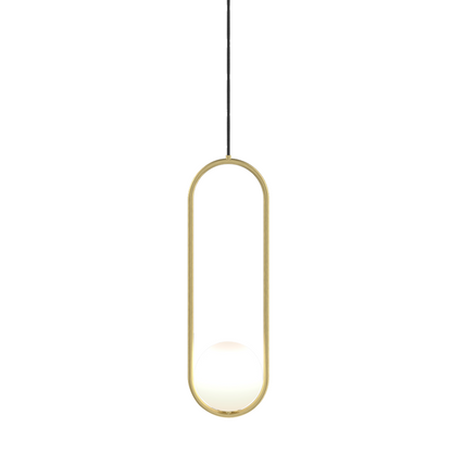 Curved Glass Hanging Fixture with Metal Frame – 15W Suspended Lighting for Contemporary Interiors – Amber Globe Shade Ceiling Mount for Dini