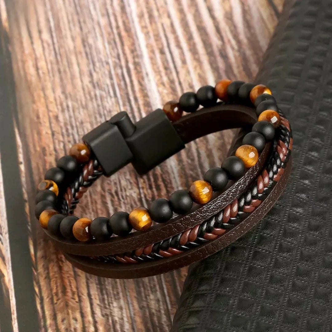 Men's Multi-Strand Magnetic Bracelet – Braided Leather & Beaded Layers for Everyday Style