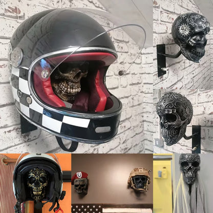 Skull Wall Mount Helmet Holder with Coat Hook for Motorcycle Gear Storage Rack Adjustable Organizer for Garage Entryway Workshop Man Cave
