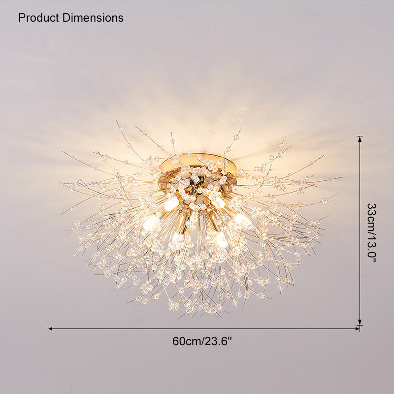 Plafonnier encastré au design pissenlit en cristal – Luminaire de 16 po doré et argenté pour chambre, couloir, salle de bain