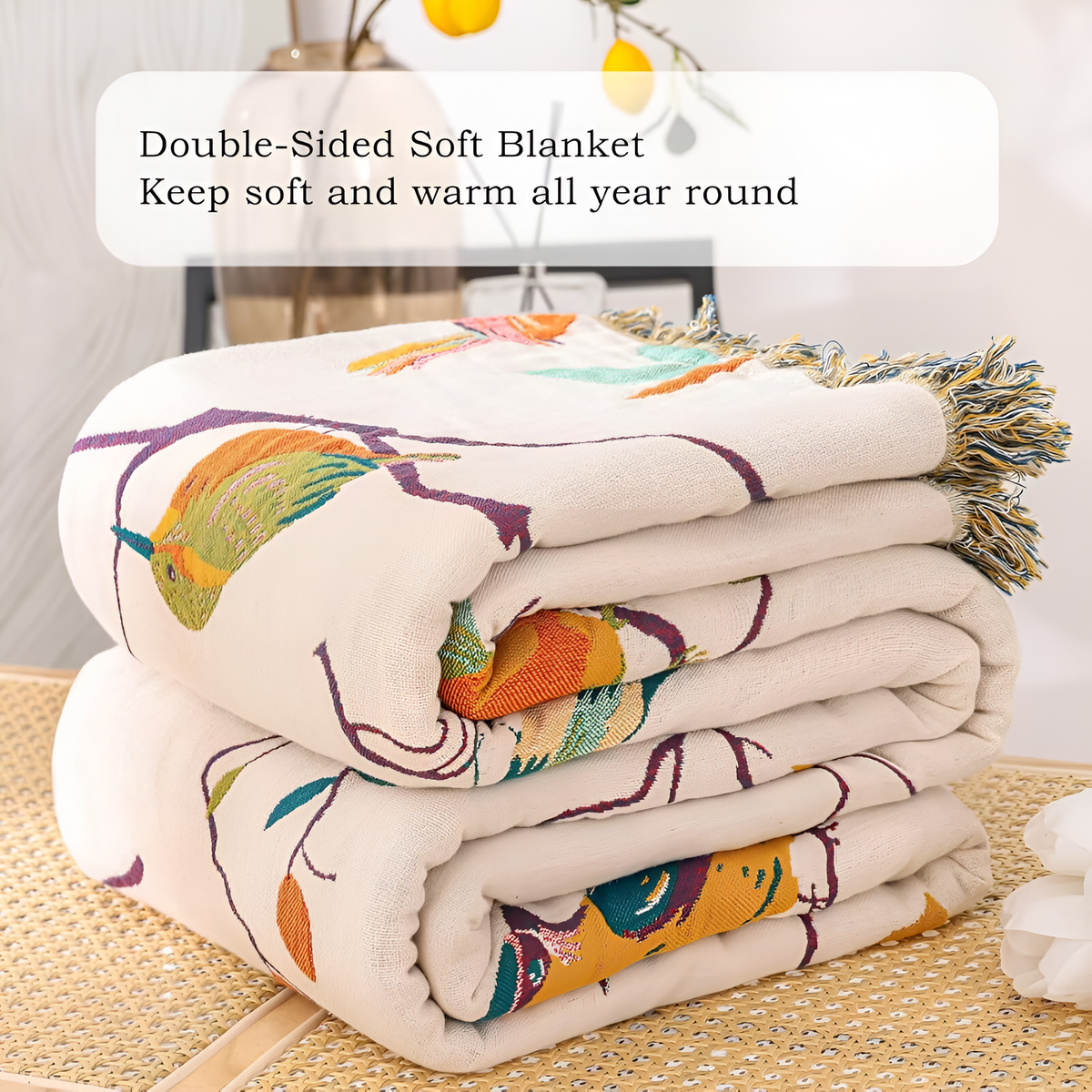 Wrenna Cotton Blanket - 100% Soft Cotton, Boho Bird Design with Tassels