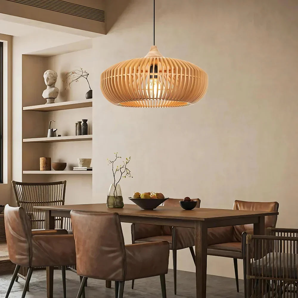 Suspension ronde en lattes de bois naturel, style Japandi, 17 pouces, luminaire d'ambiance pour table, îlot, salle à manger, cuisine ou salon