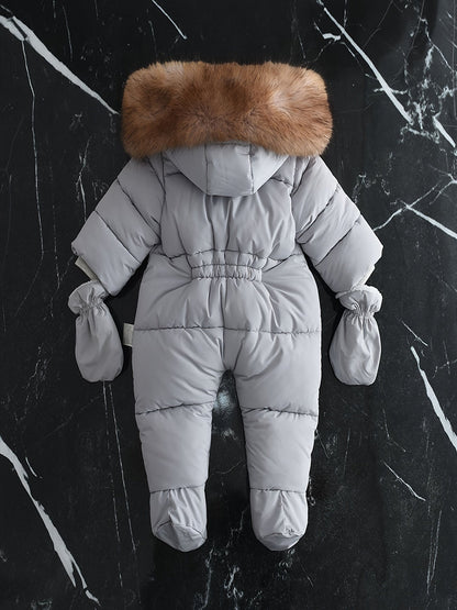 Insulated Infant Jumpsuit with Hood and Mittens for Stroller Trips | Cold Season One-Piece Outfit | Newborn Through 12 Months Gray Quilted B