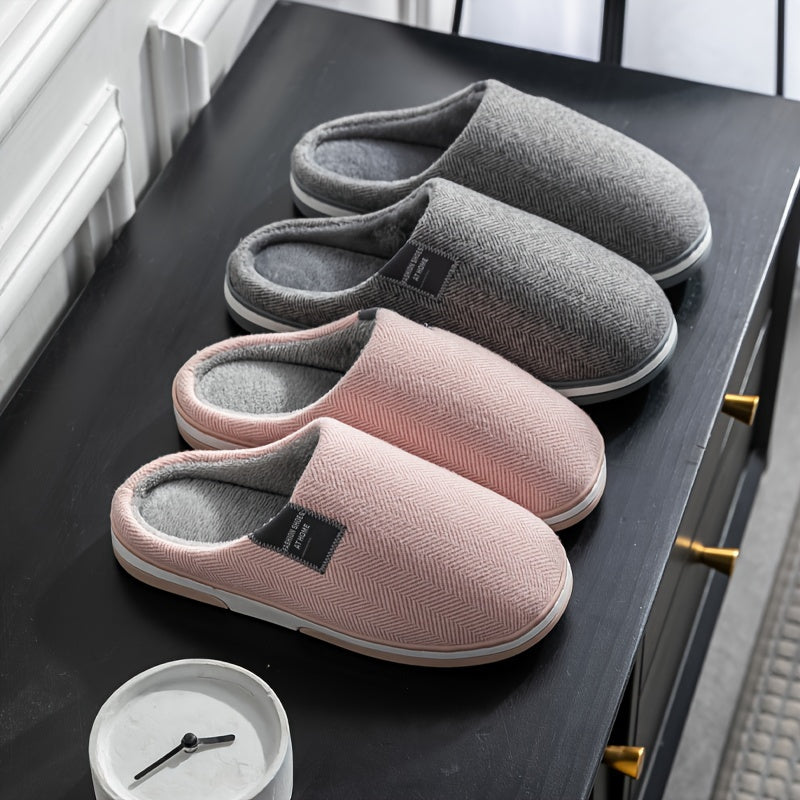 Men's Plush Herringbone Slippers – Warm Indoor House Shoes with Non-Slip Grip for Fall & Winter