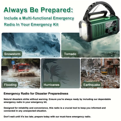 Radio météo d'urgence avec panneau solaire, manivelle, lampe de poche, batterie externe 10 000 mAh, AM FM NOAA, SOS, boussole, rechargeable USB-C pour camping et survie