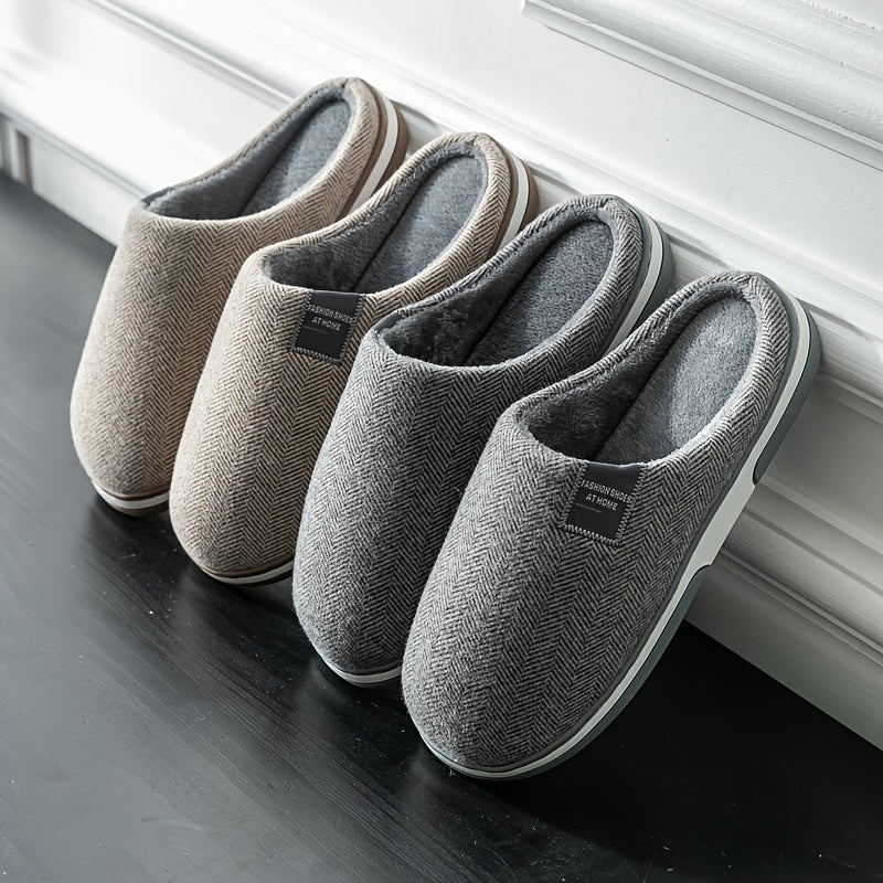 Men's Plush Herringbone Slippers – Warm Indoor House Shoes with Non-Slip Grip for Fall & Winter