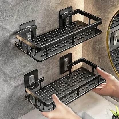 Organisateur de douche d'angle adhésif à montage mural – Étagère de rangement étanche sans perçage pour salle de bain, toilettes et lavabo – ABS et acier en noir ou argent