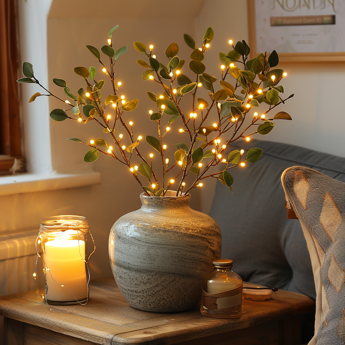 Battery Powered LED Twig Lights 28 Inch Bendable Olive Stem 120 Warm White Bulbs for Vases Centerpieces Living Room Bedroom Decor