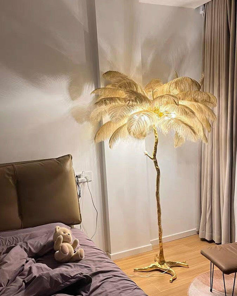 Tropical Feather Standing Lamp 63 in Tall Palm Tree Style Ambient Floor Light for Bedroom Living Room Decorative Accent Lighting