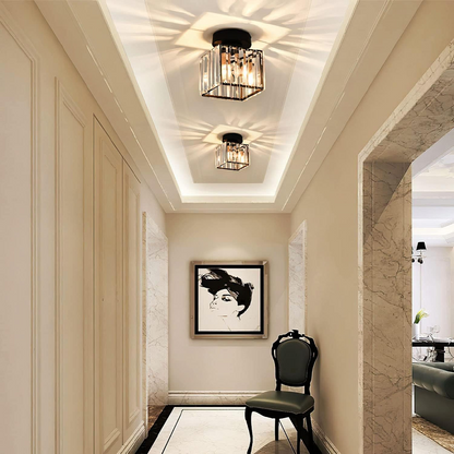 Cube Crystal Flush Mount Ceiling Light with Brass Frame 10 Inch for Bedroom Hallway Entryway Living Room Office Modern Home Lighting Fixture