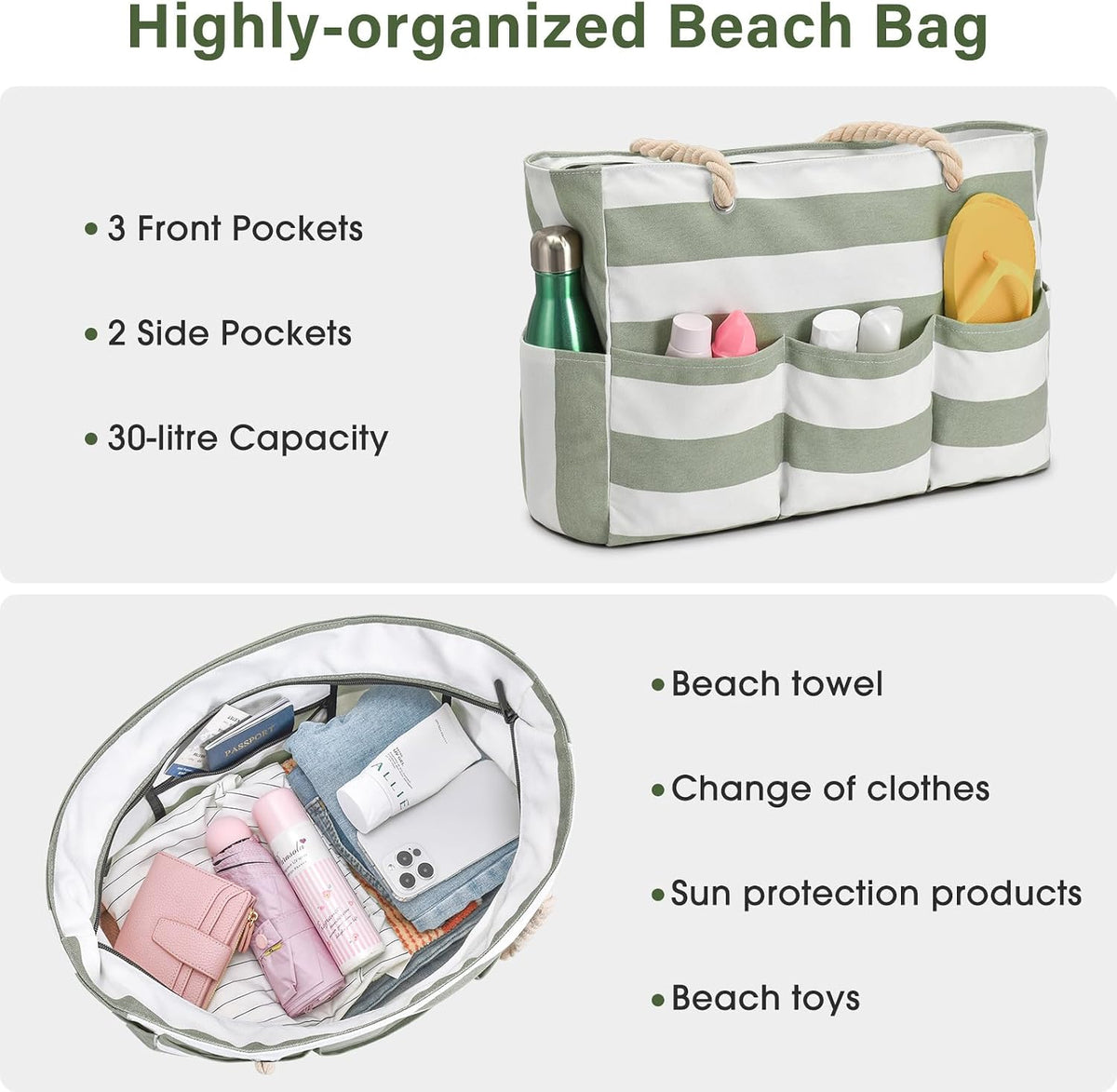 Sac fourre-tout en toile pour la plage, grand sac étanche avec fermeture éclair et 7 poches, sac de plage pour la piscine et les voyages